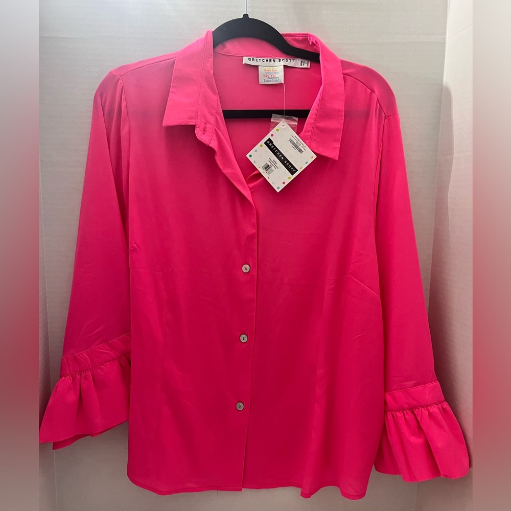 Gretchen Scott: Press Chiffon Blouse. Shocking Pink. Size: Diva (XXXL).
